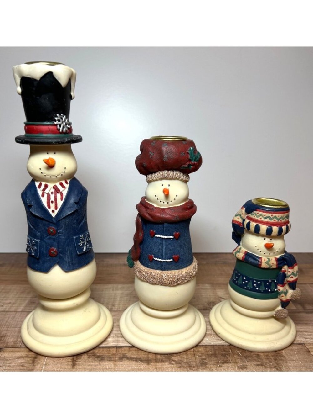 Snowman Candle Holders Set Of 3 Holiday Decor Resin & Metal Christmas